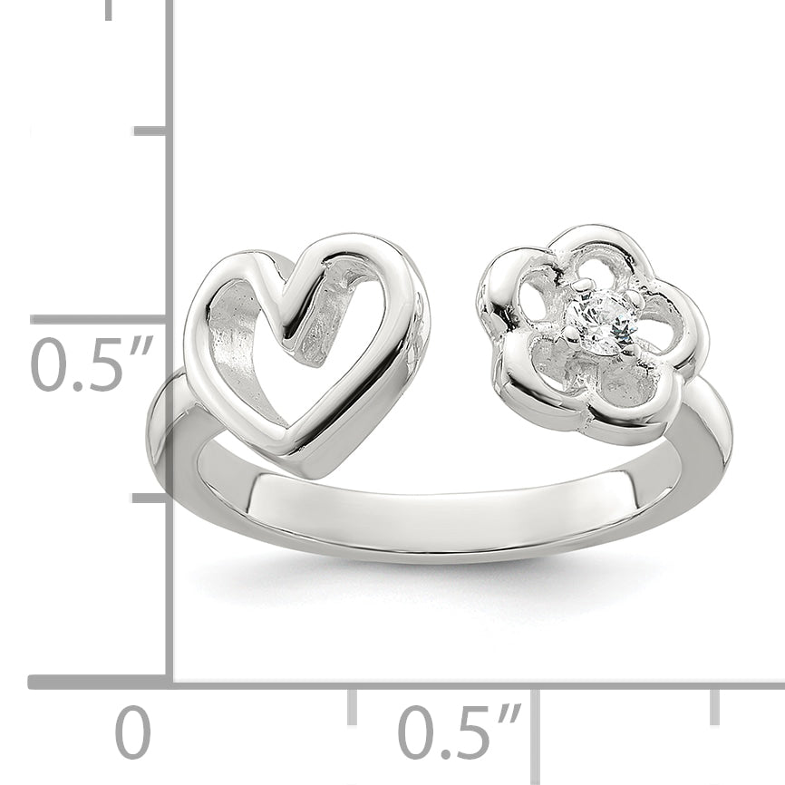 Sterling Silver Polished CZ Flower and Heart Open Ring