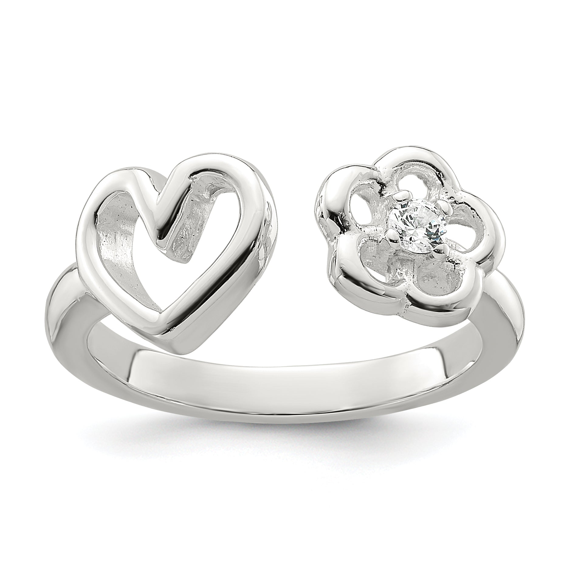 Sterling Silver Polished CZ Flower and Heart Open Ring