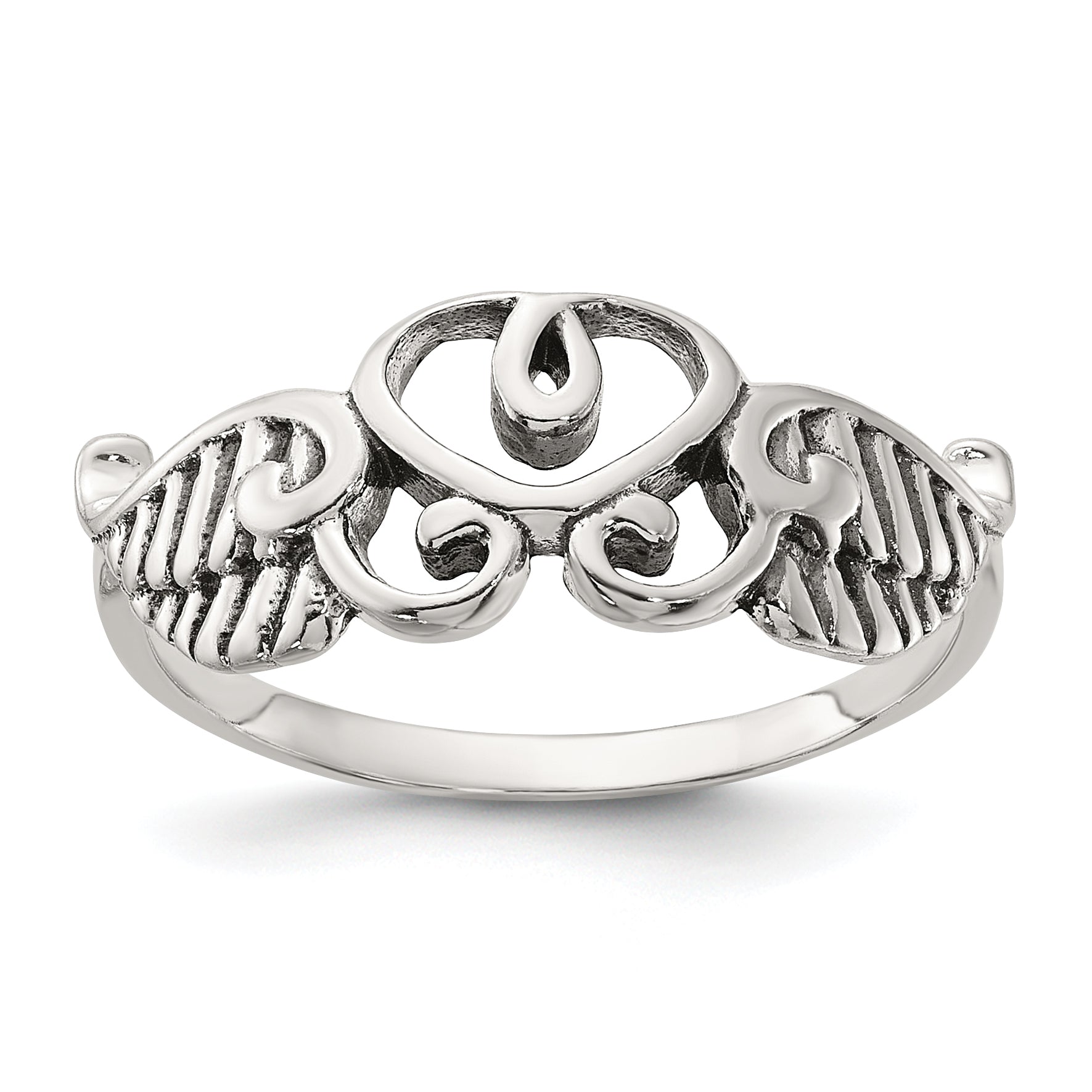 Sterling Silver Antiqued Heart with Leaves/Wings Ring