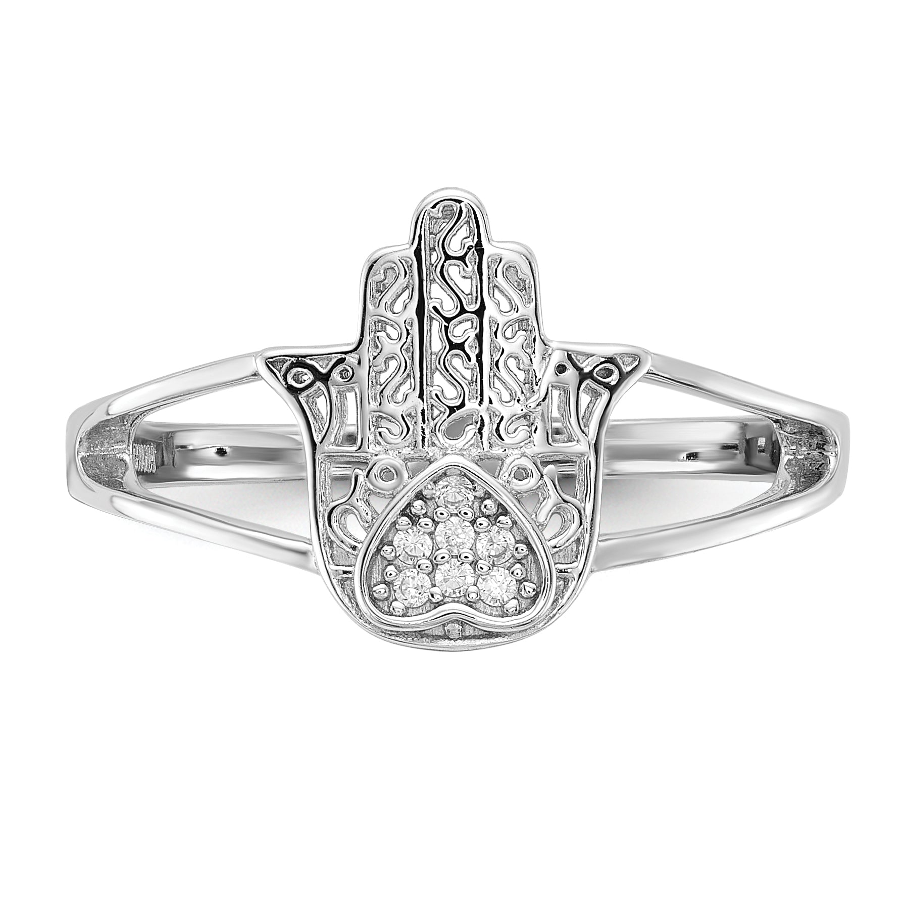 Sterling Silver Rhodium-plated CZ Heart Hamsa Ring