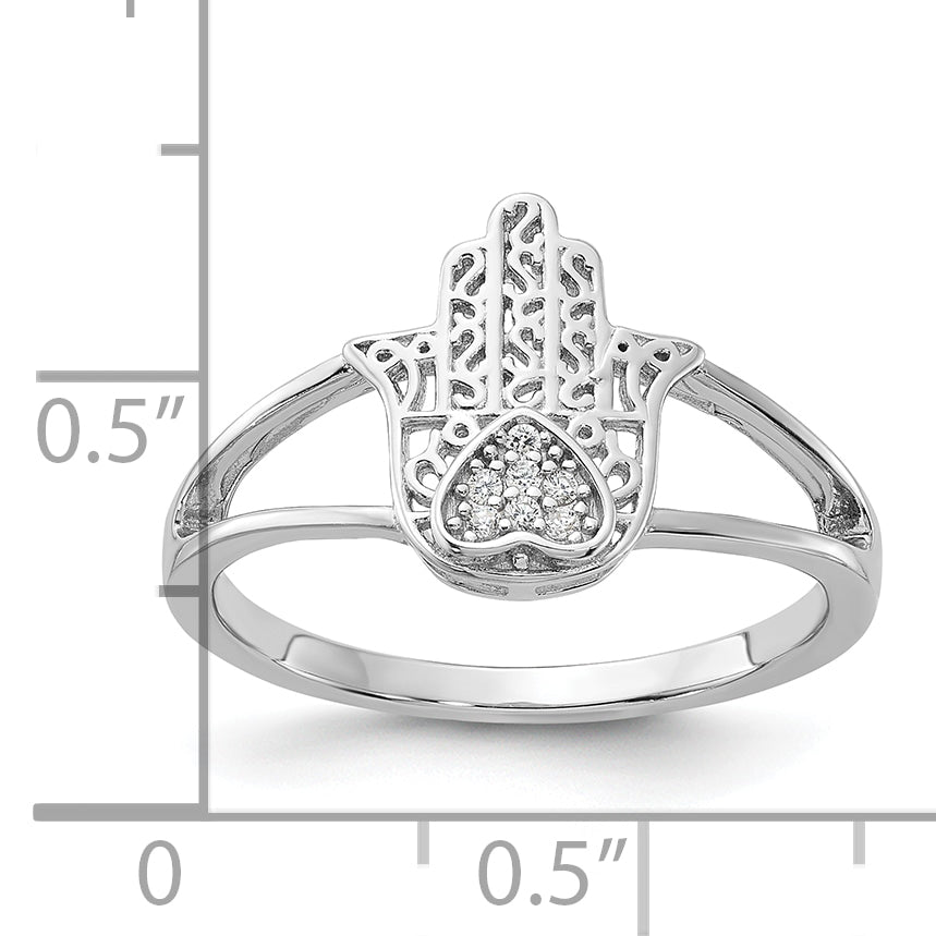 Sterling Silver Rhodium-plated CZ Heart Hamsa Ring