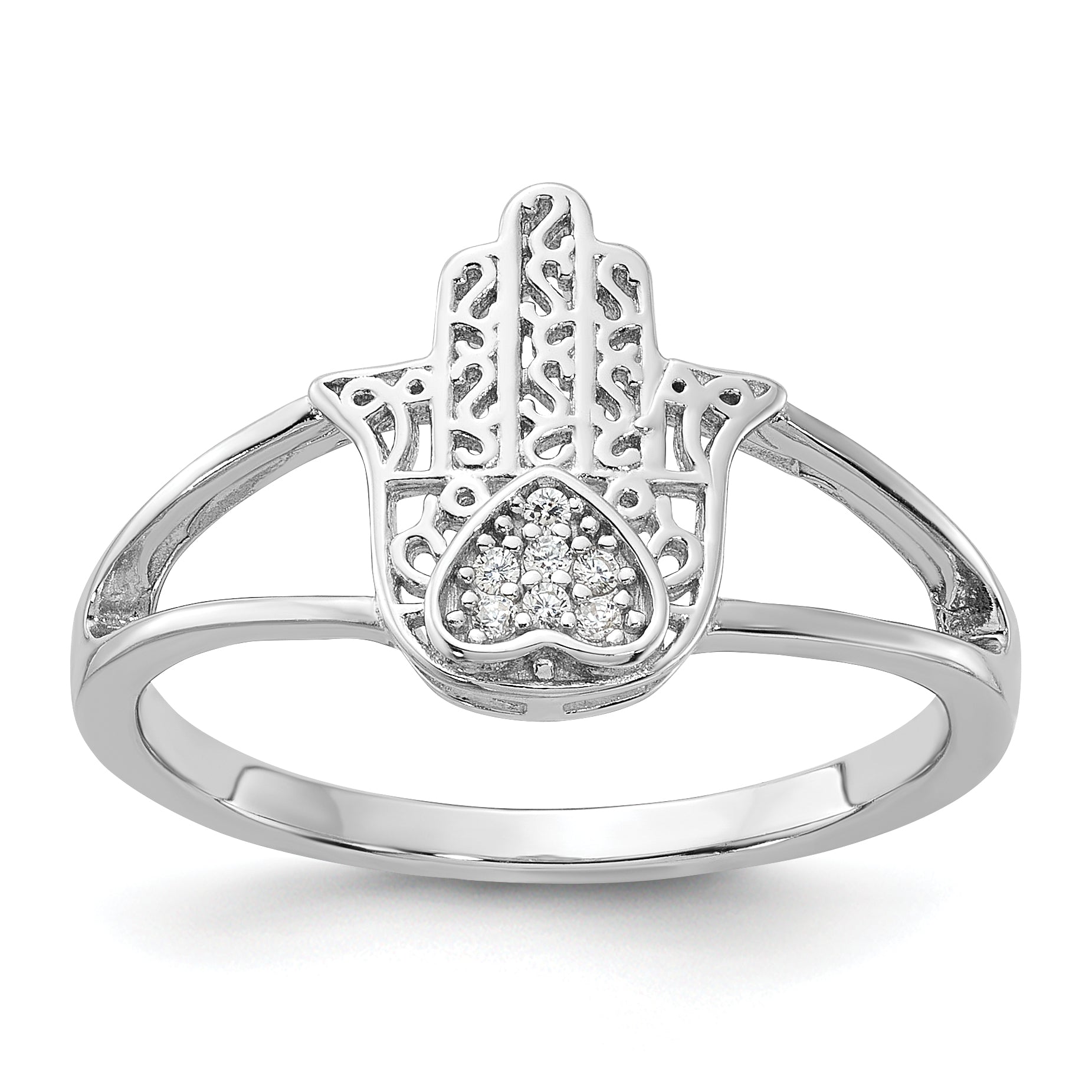 Sterling Silver Rhodium-plated CZ Heart Hamsa Ring