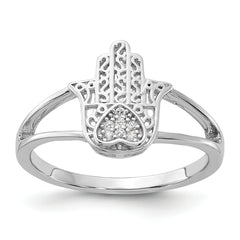 Sterling Silver Rhodium-plated CZ Heart Hamsa Ring