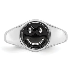 Sterling Silver Rhodium-plated Black Enamel Smiley Face Ring