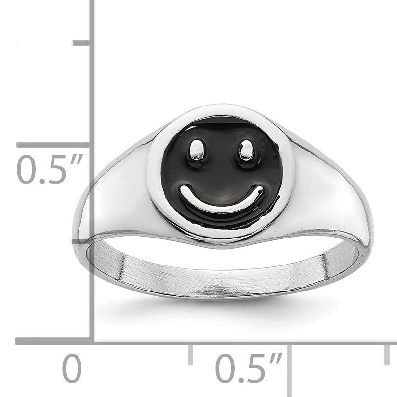 Sterling Silver Rhodium-plated Black Enamel Smiley Face Ring