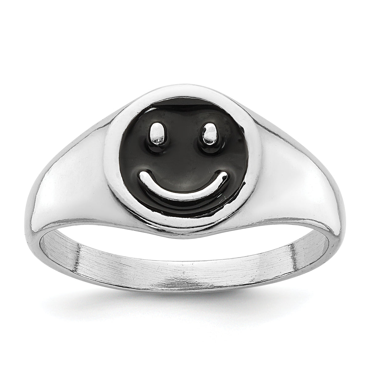 Sterling Silver Rhodium-plated Black Enamel Smiley Face Ring