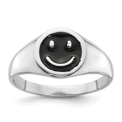 Sterling Silver Rhodium-plated Black Enamel Smiley Face Ring