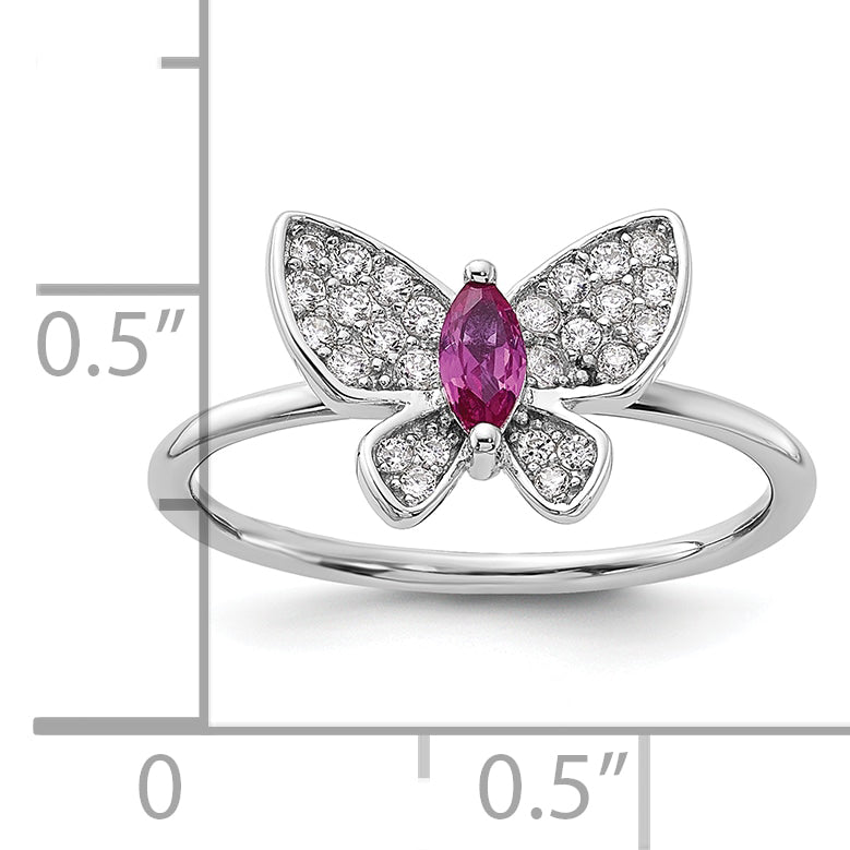 Sterling Silver Rhodium-plated Red and White CZ Butterfly Ring