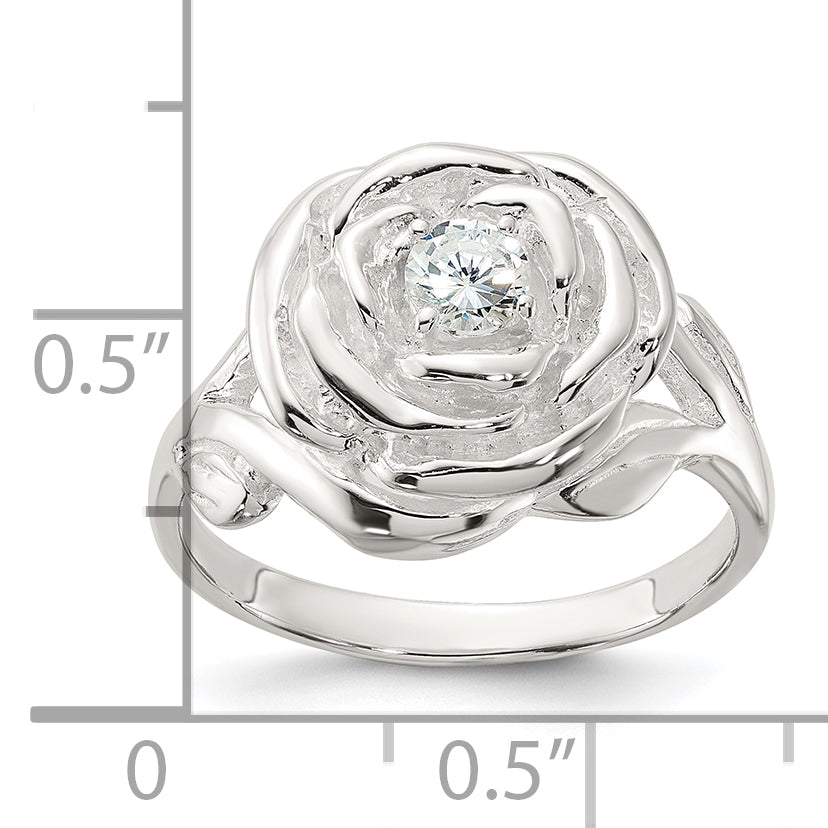 Sterling Silver Polished CZ Flower Rose Ring