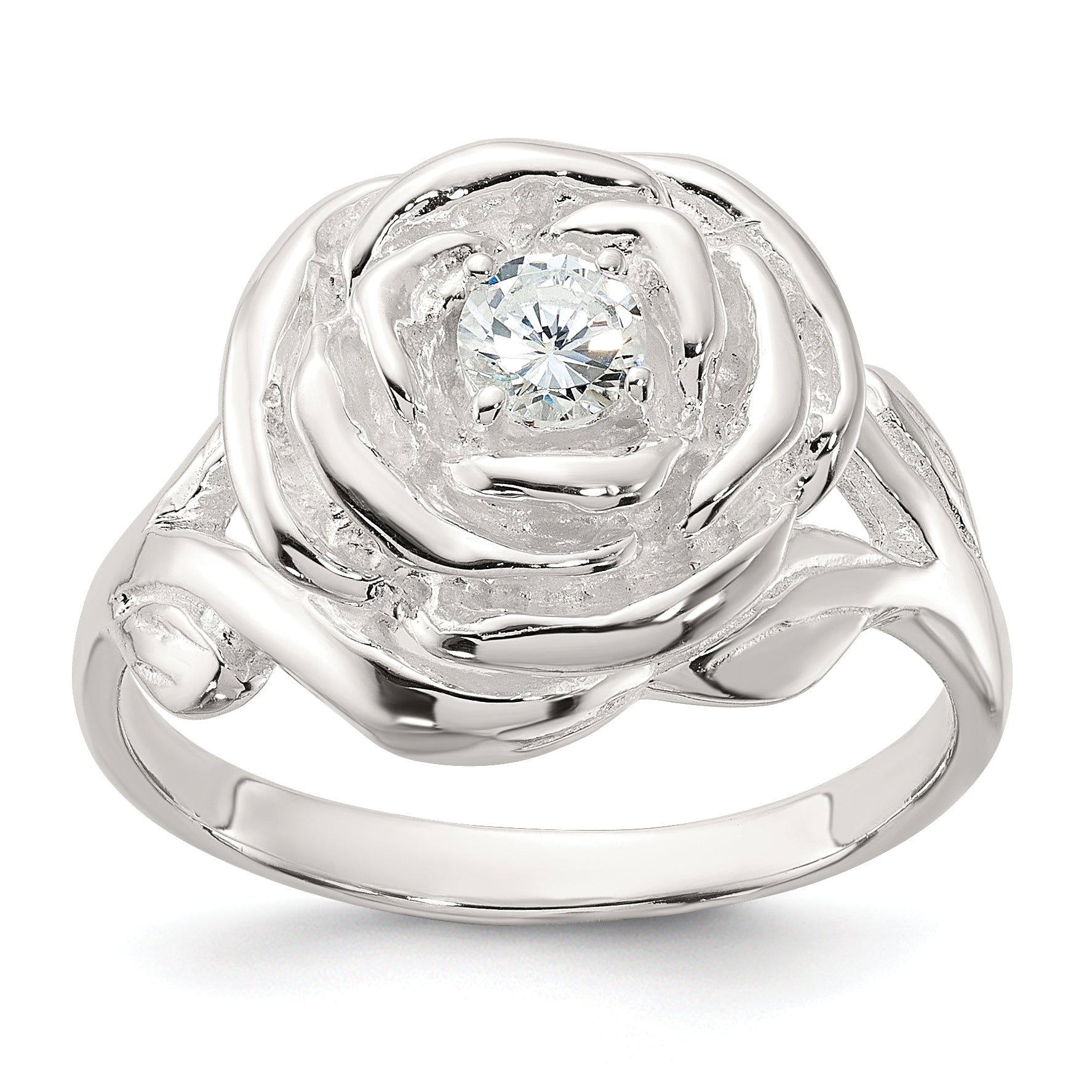 Sterling Silver Polished CZ Flower Rose Ring