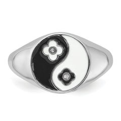 Sterling Silver Rhodium-plated Enameled Yin Yang CZ Ring