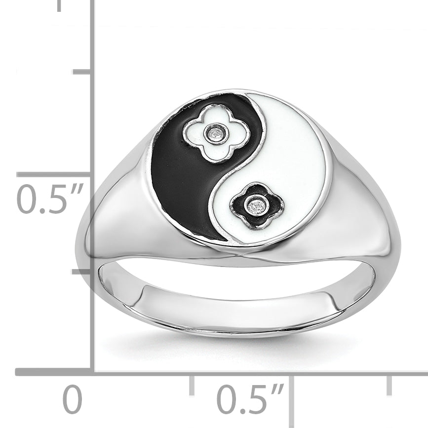 Sterling Silver Rhodium-plated Enameled Yin Yang CZ Ring