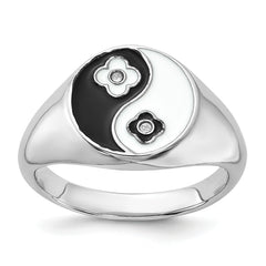 Sterling Silver Rhodium-plated Enameled Yin Yang CZ Ring