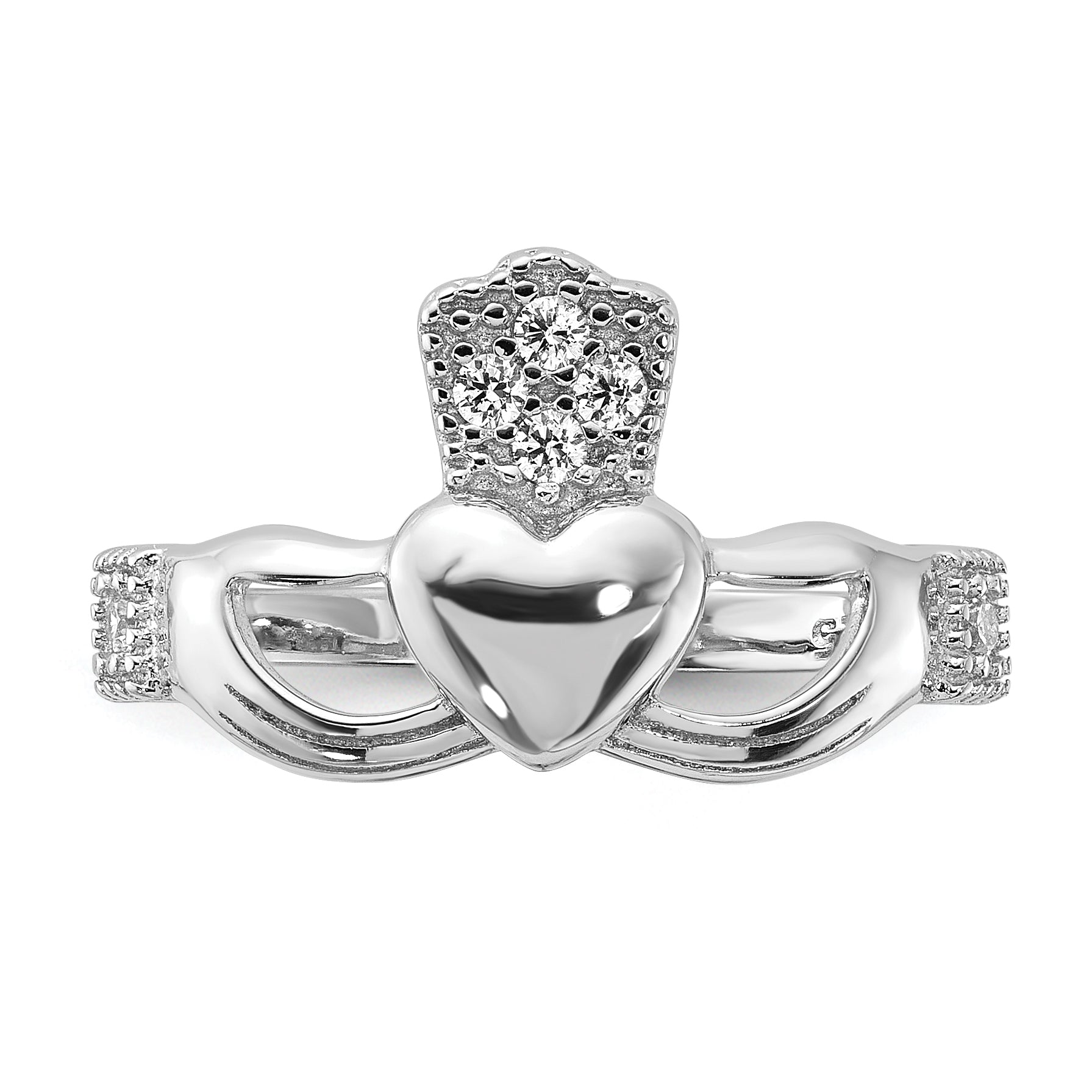 Sterling Silver Rhodium-plated CZ Claddagh Ring