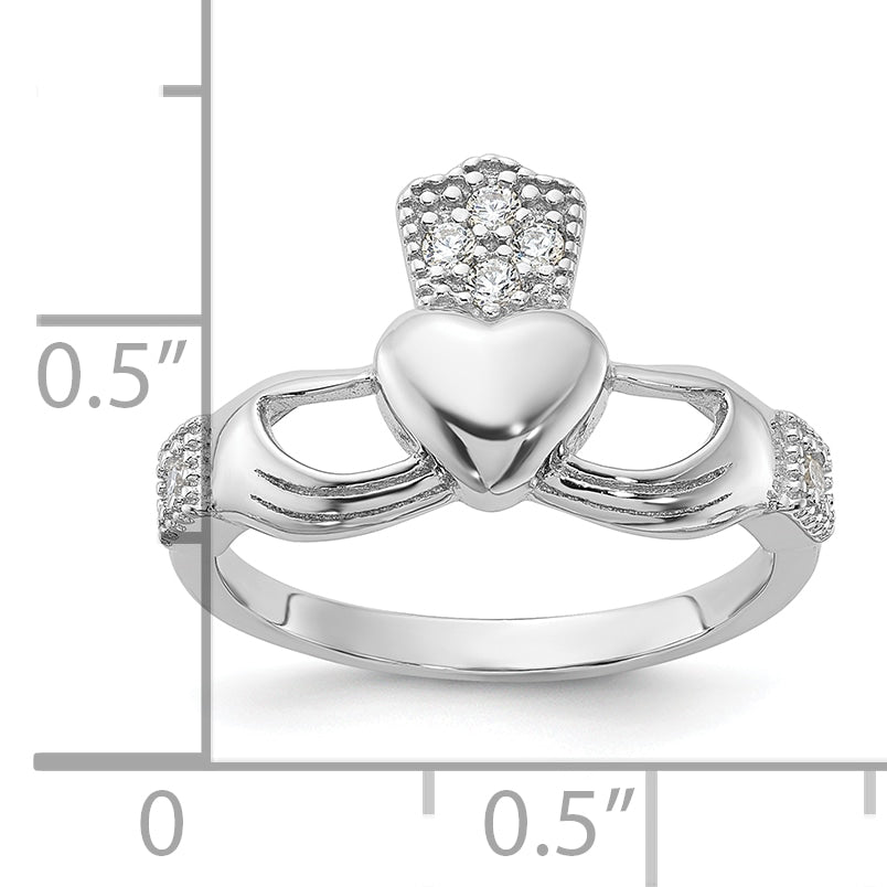 Sterling Silver Rhodium-plated CZ Claddagh Ring