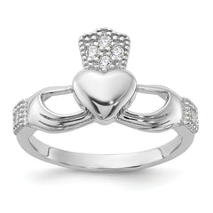 Sterling Silver Rhodium-plated CZ Claddagh Ring