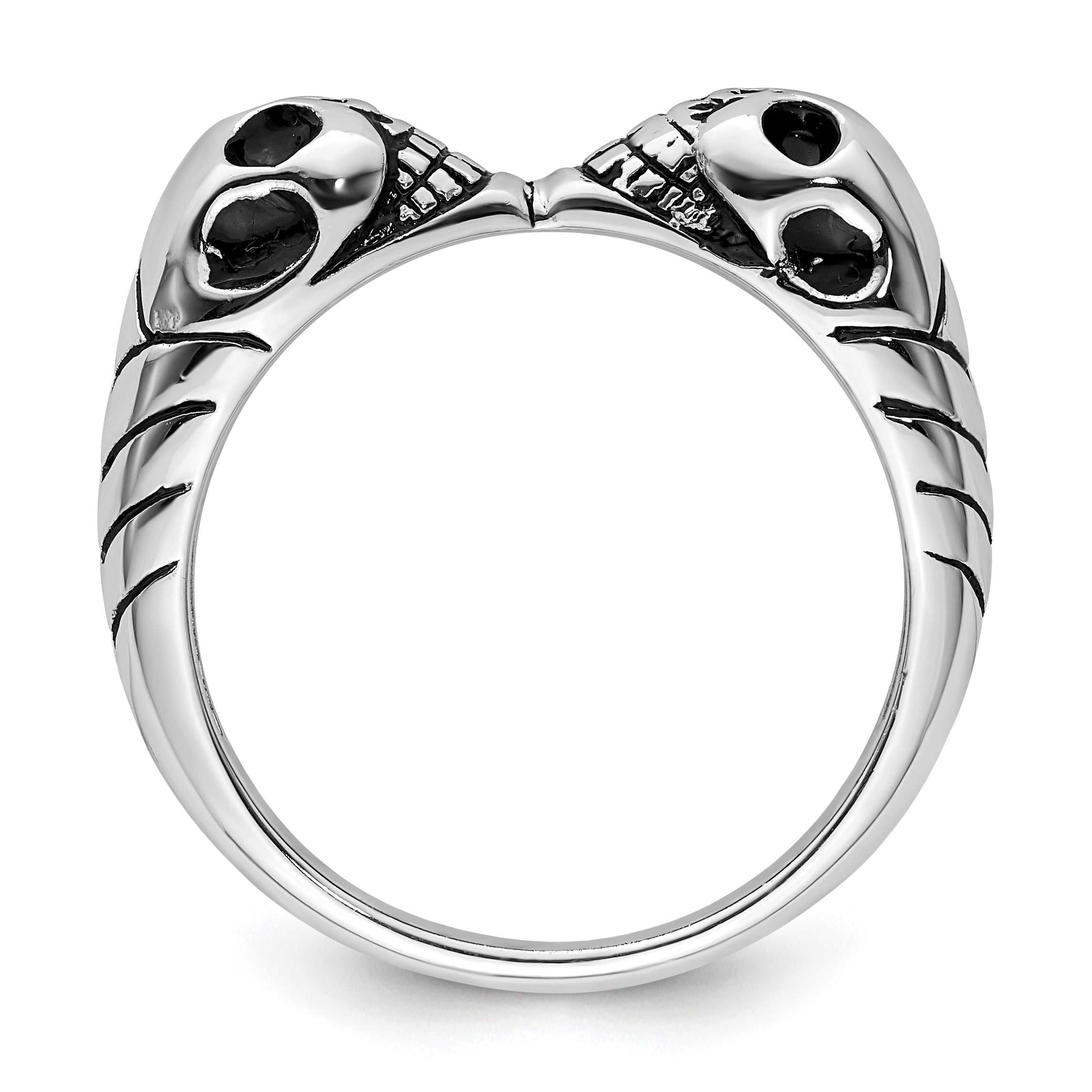 Sterling Silver Rhodium-plated Antiqued Double Skull Ring