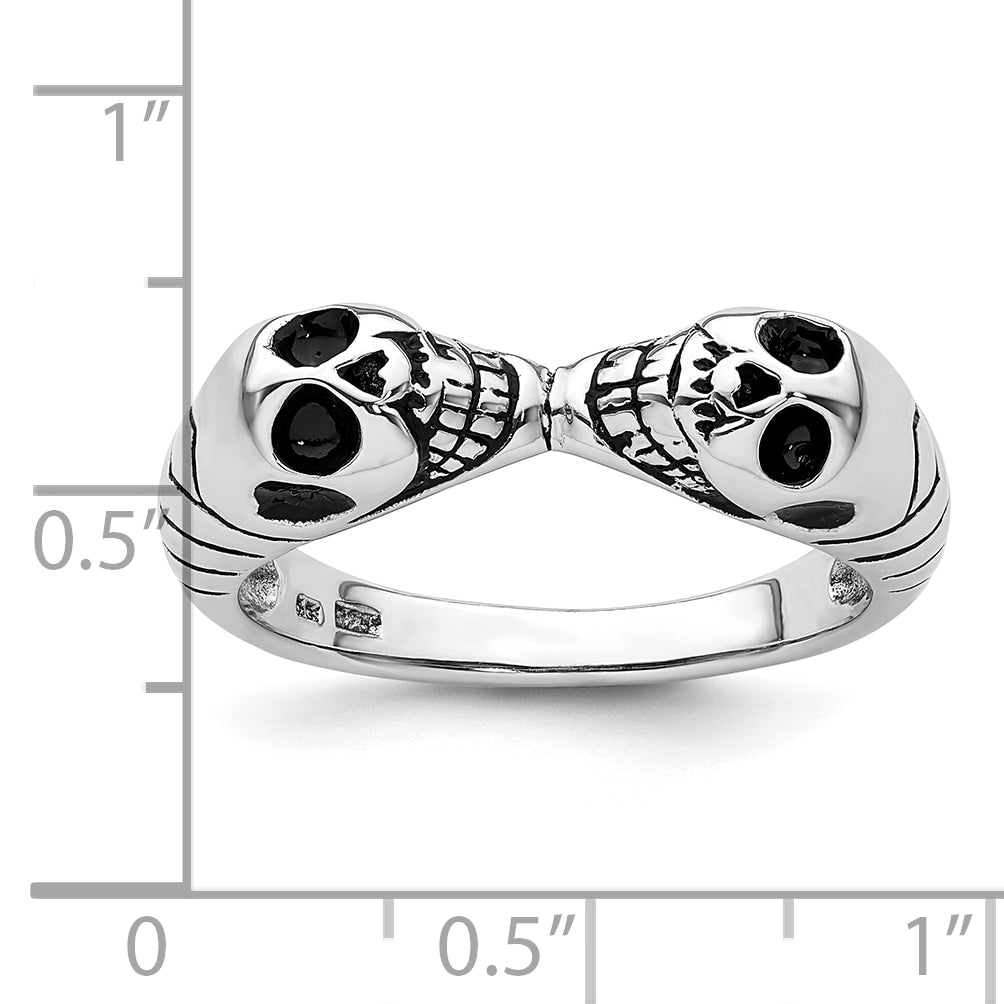 Sterling Silver Rhodium-plated Antiqued Double Skull Ring