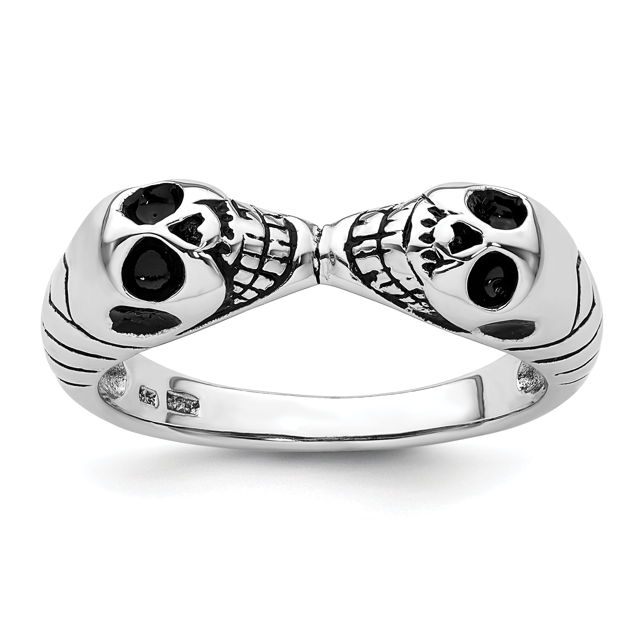 Sterling Silver Rhodium-plated Antiqued Double Skull Ring