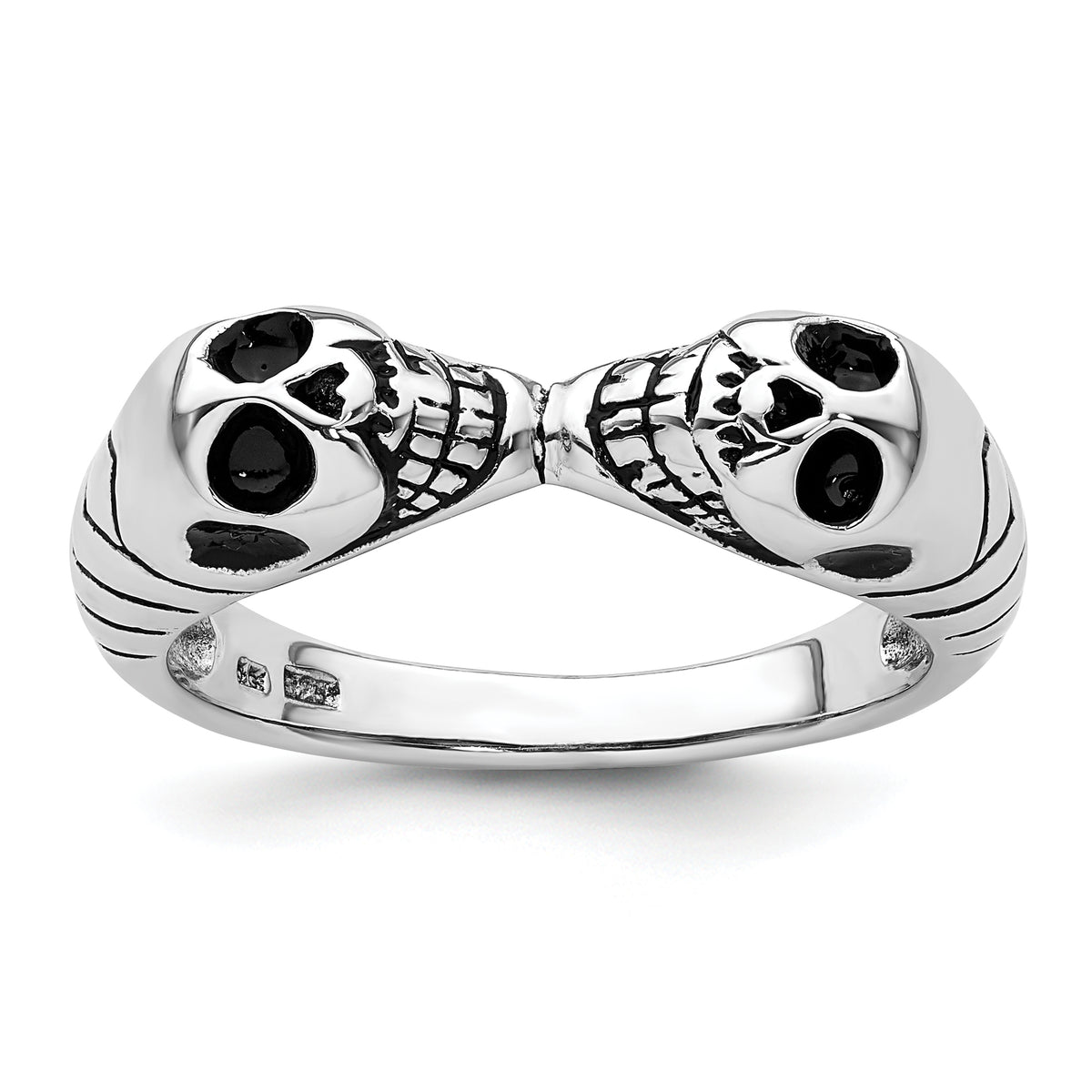 Sterling Silver Rhodium-plated Antiqued Double Skull Ring