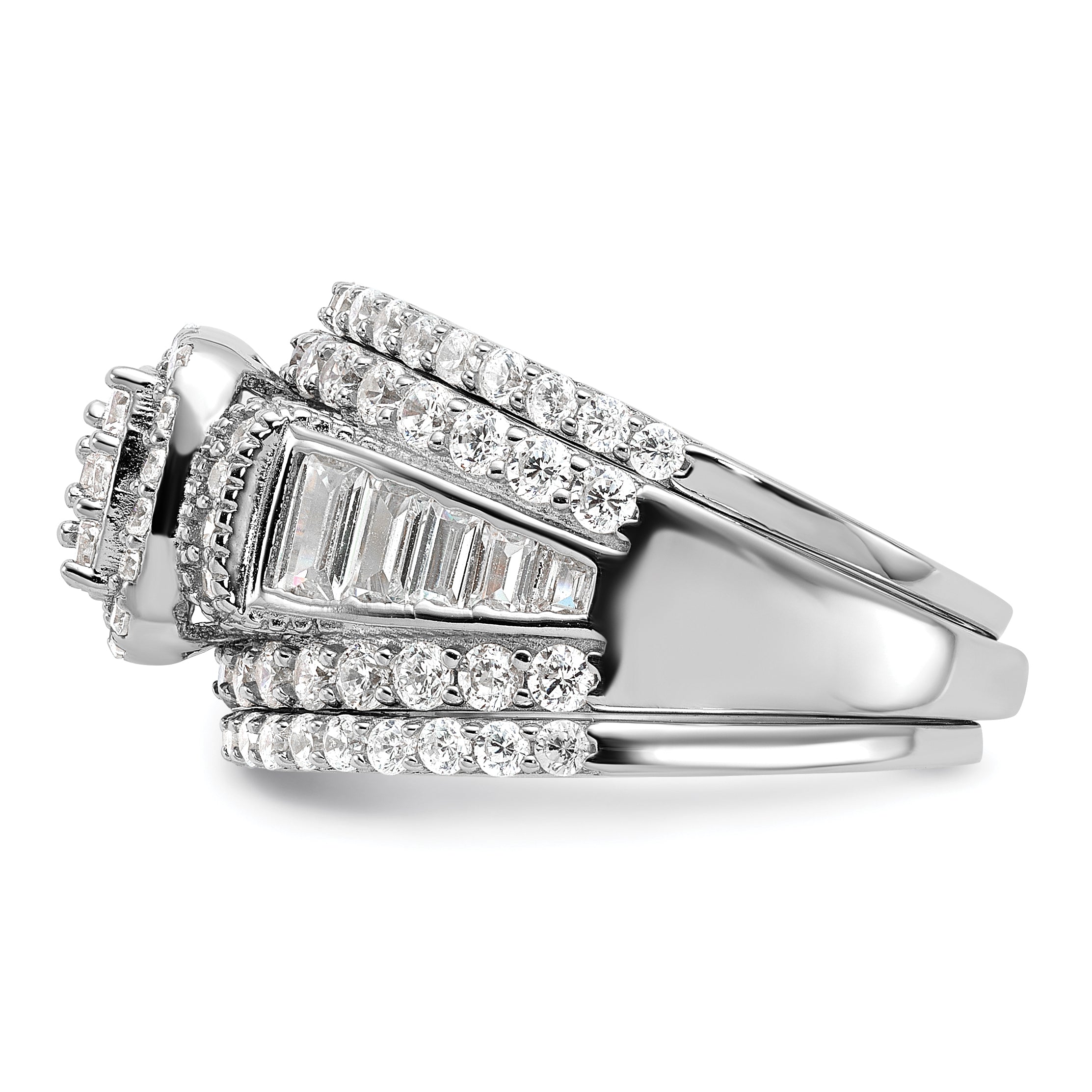 Sterling Silver Rhodium-plated CZ Engagement Ring With2 Bands 3 Ring Set