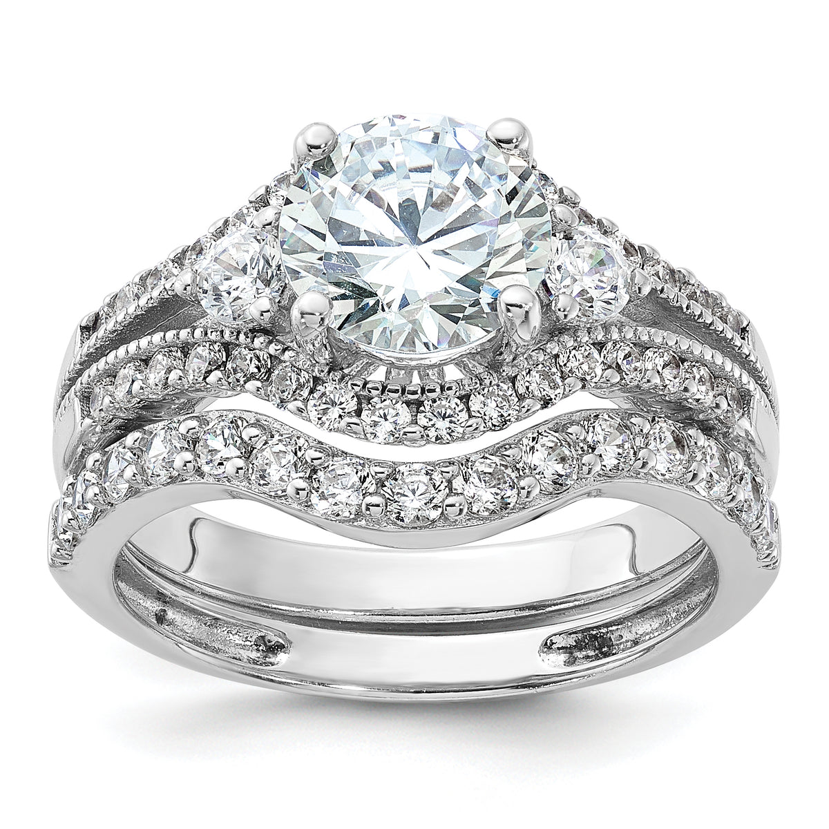 Sterling Silver Rhodium-plated CZ Engagement Ring and Band Set