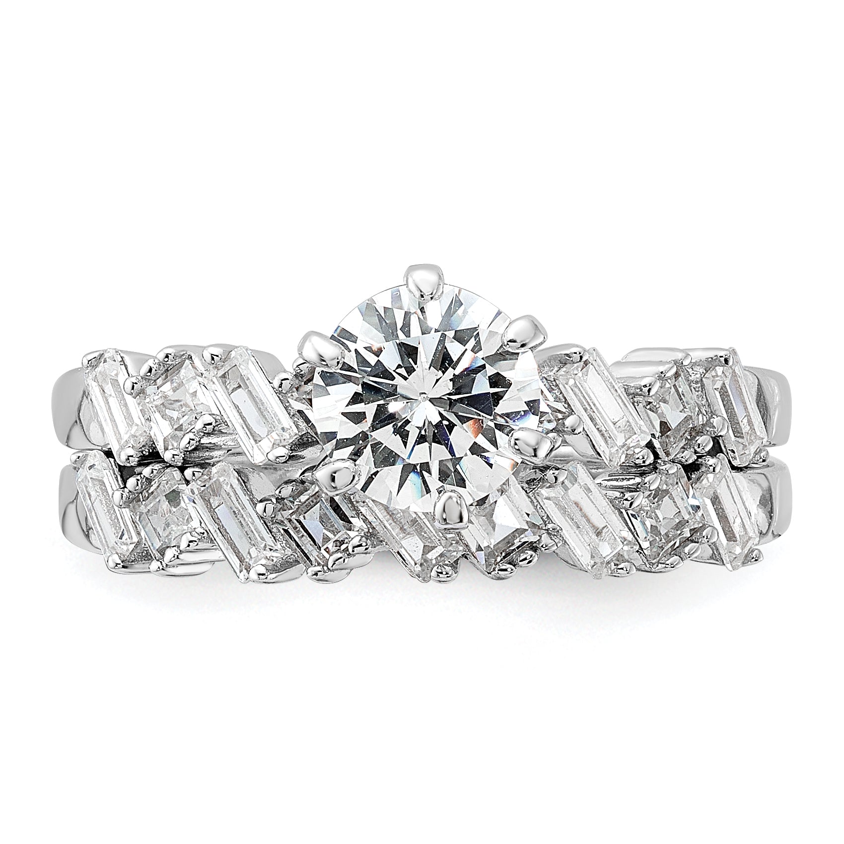 Sterling Silver Rhodium-plated 6-Prong CZ Engagement Ring and Band Set