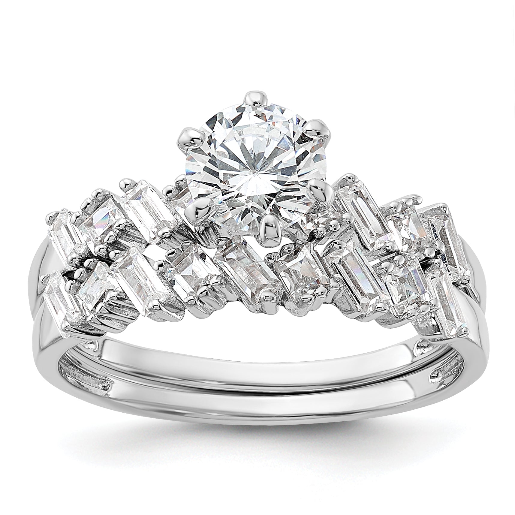 Sterling Silver Rhodium-plated 6-Prong CZ Engagement Ring and Band Set