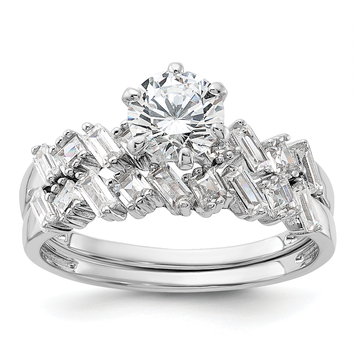 Sterling Silver Rhodium-plated 6-Prong CZ Engagement Ring and Band Set