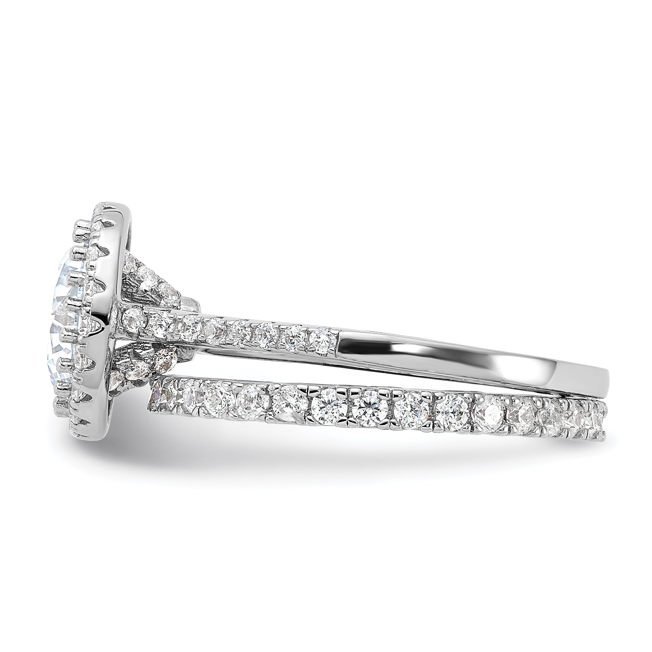 Sterling Silver RH-plated CZ Halo Engagement Ring and Eternity Band Set