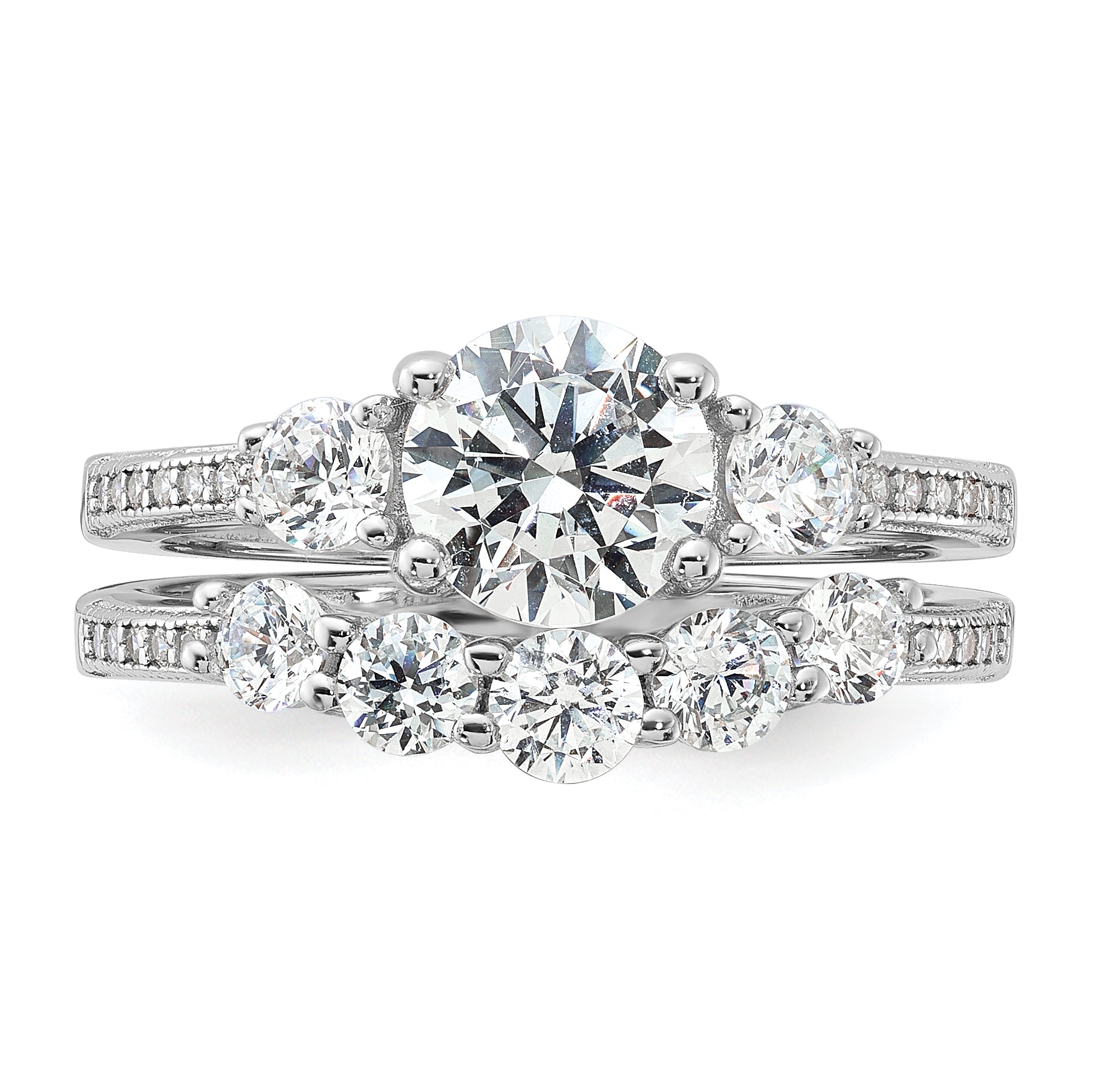 Sterling Silver Rhodium-plated CZ Engagement Ring and Band Set