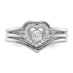 Sterling Silver Rhodium-plated CZ Heart and Bands Three Ring Set