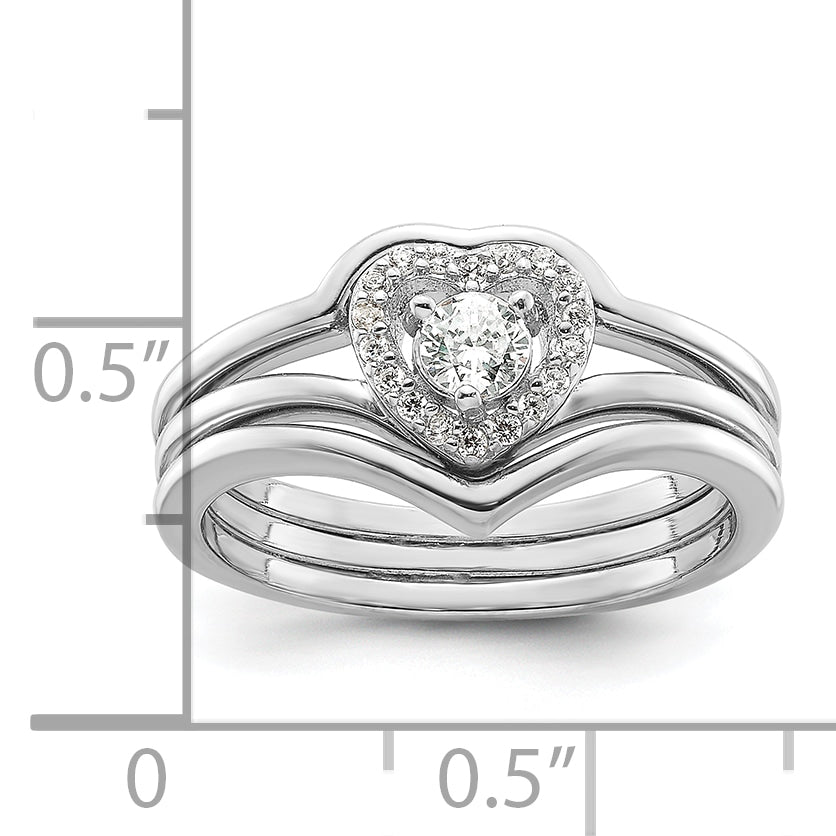 Sterling Silver Rhodium-plated CZ Heart and Bands Three Ring Set