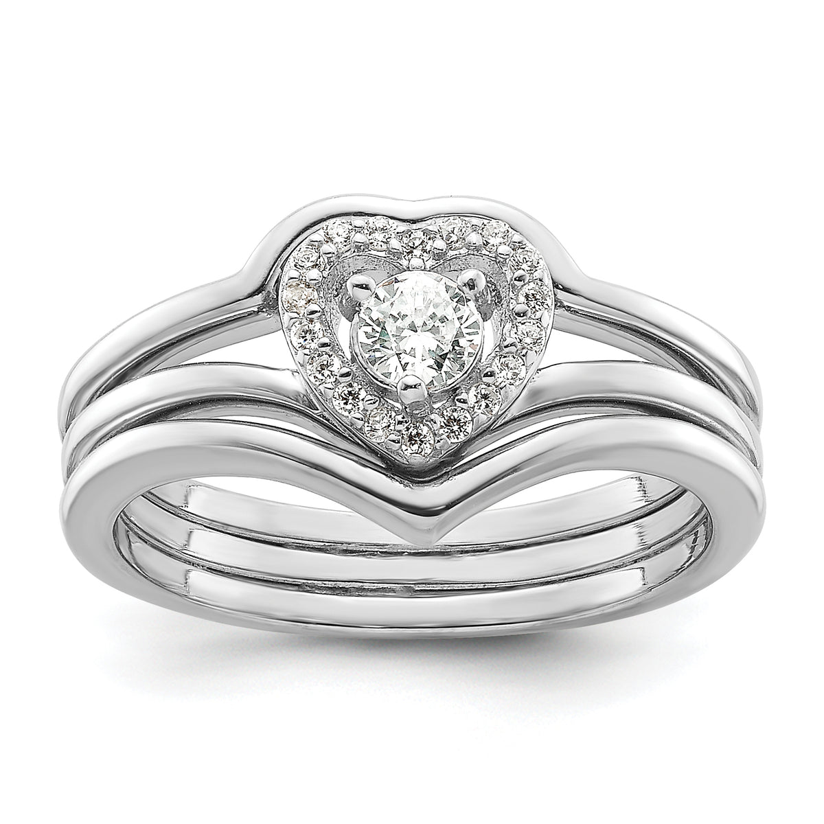 Sterling Silver Rhodium-plated CZ Heart and Bands Three Ring Set