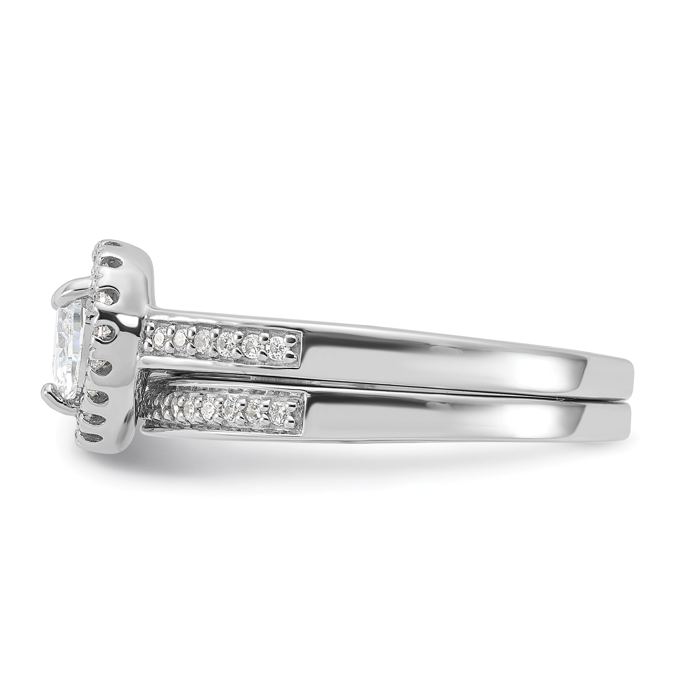 Sterling Silver Rhodium-plated CZ Heart and Band 2 Ring Set