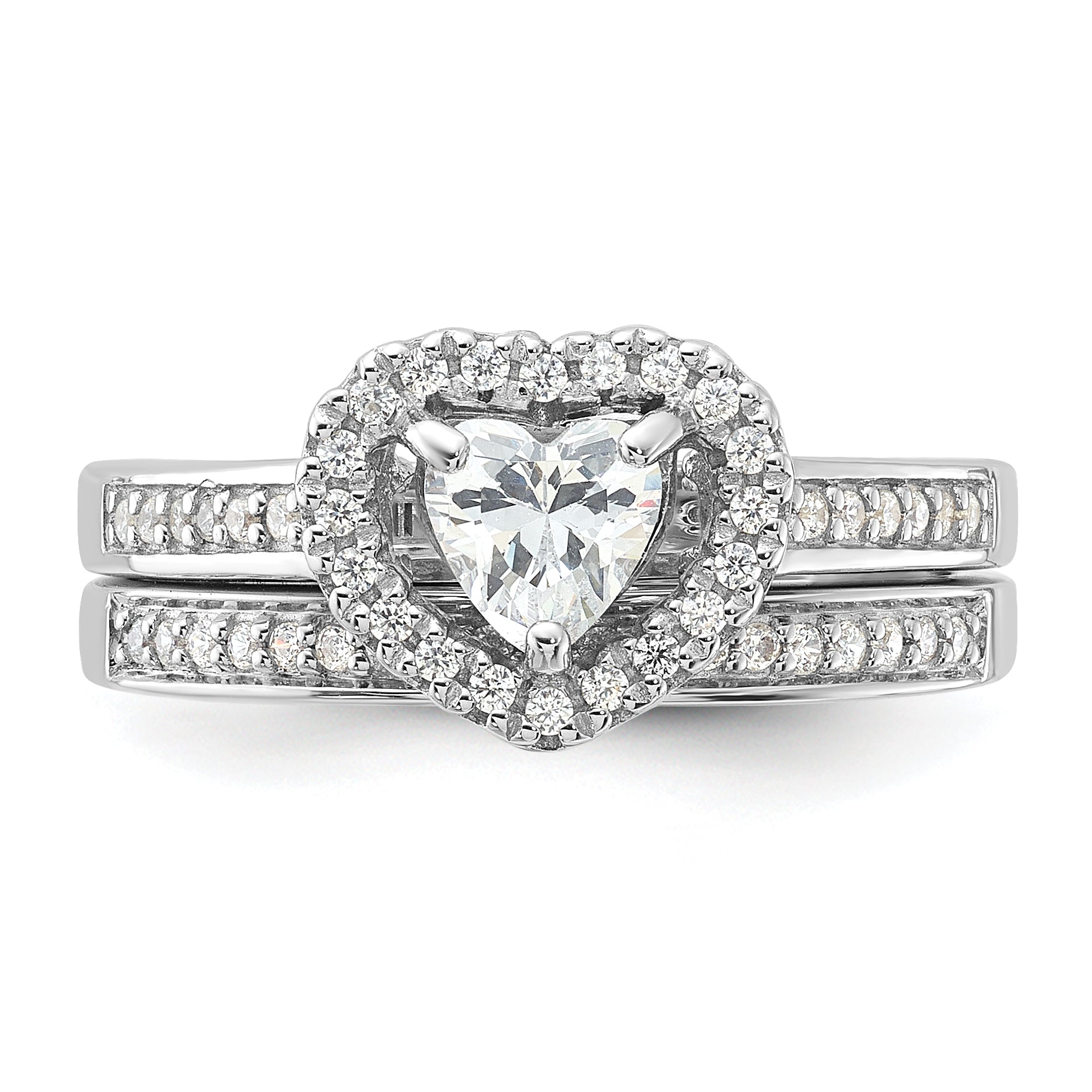 Sterling Silver Rhodium-plated CZ Heart and Band 2 Ring Set