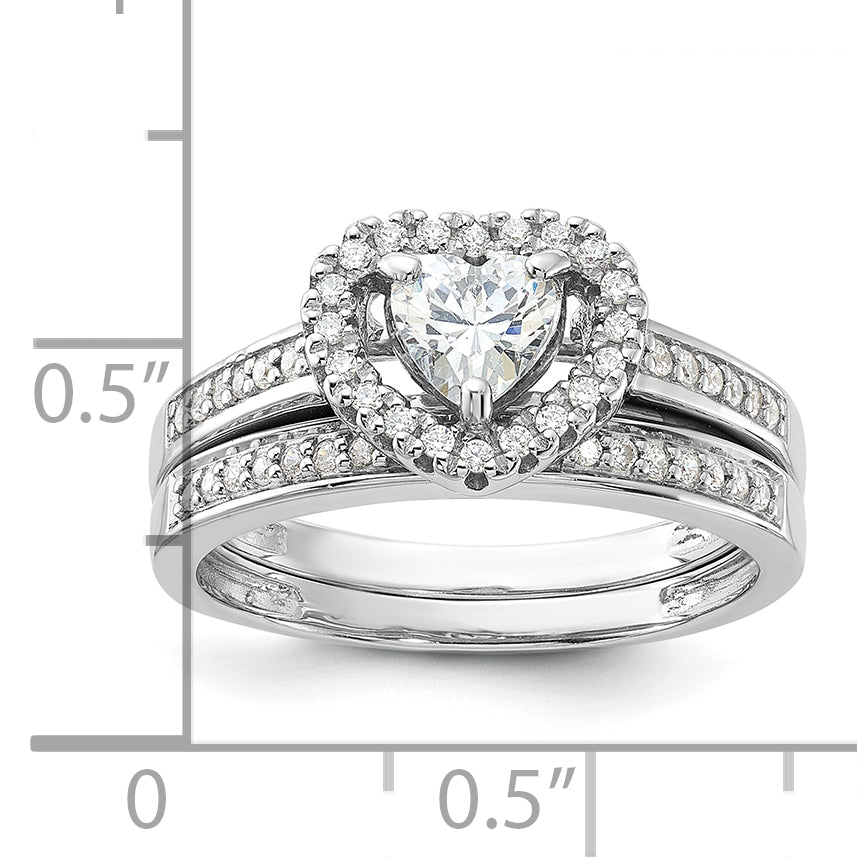 Sterling Silver Rhodium-plated CZ Heart and Band 2 Ring Set