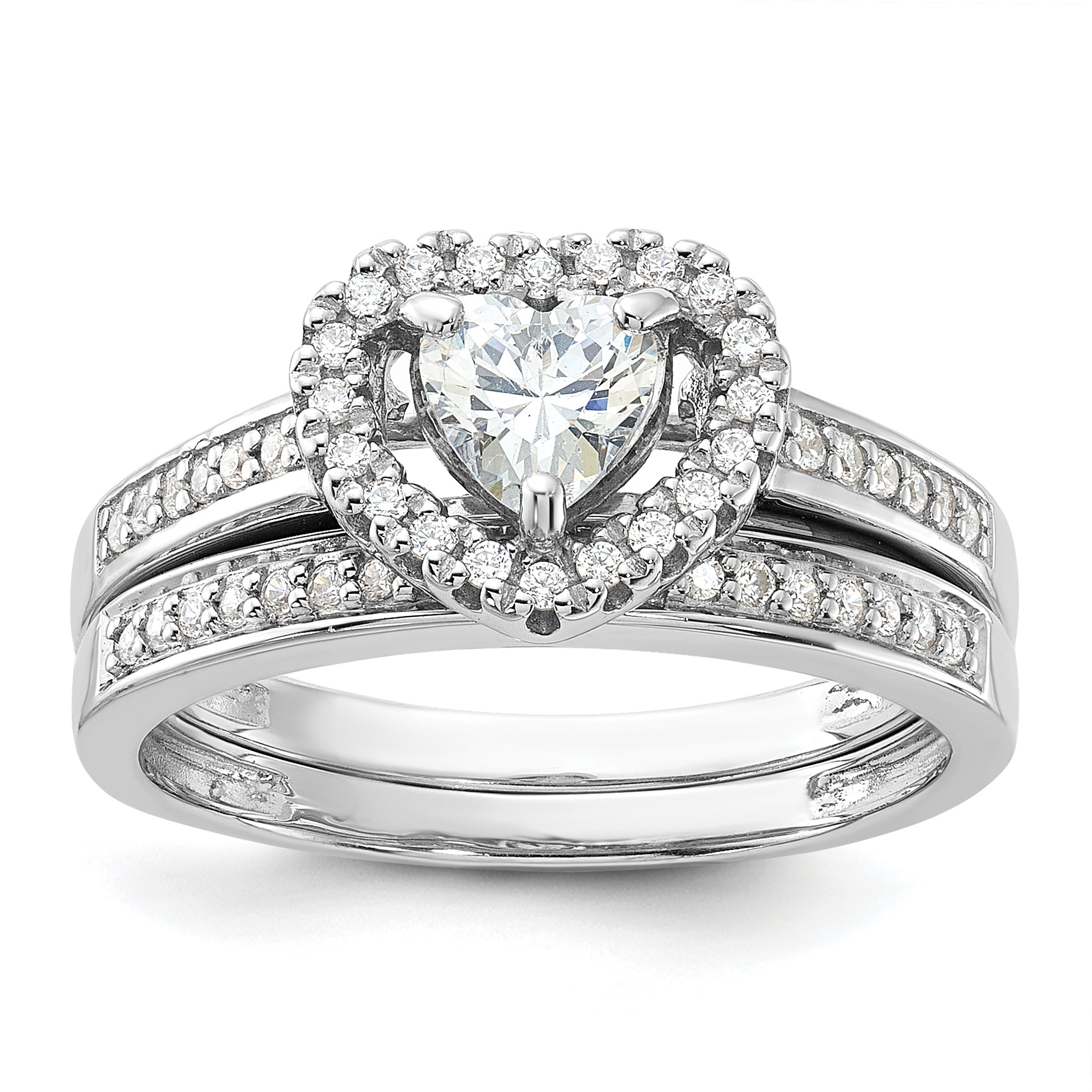 Sterling Silver Rhodium-plated CZ Heart and Band 2 Ring Set