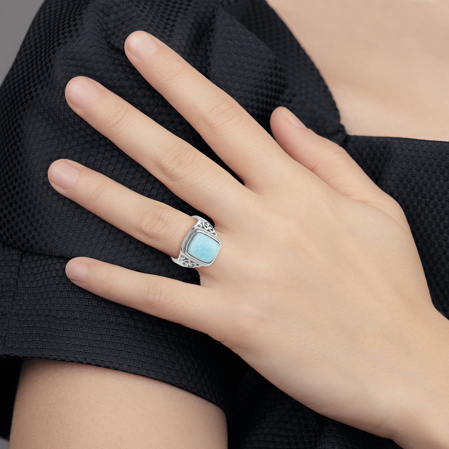 Sterling Silver Rhodium-plated Oxidized with Rectangular Larimar Ring