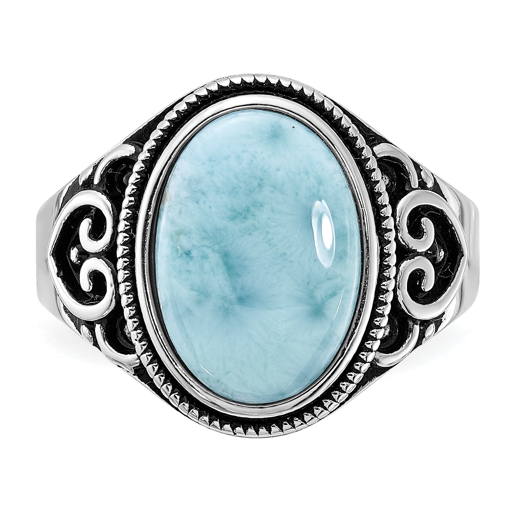 Sterling Silver Rhodium-plated Oxidized with Larimar Ring