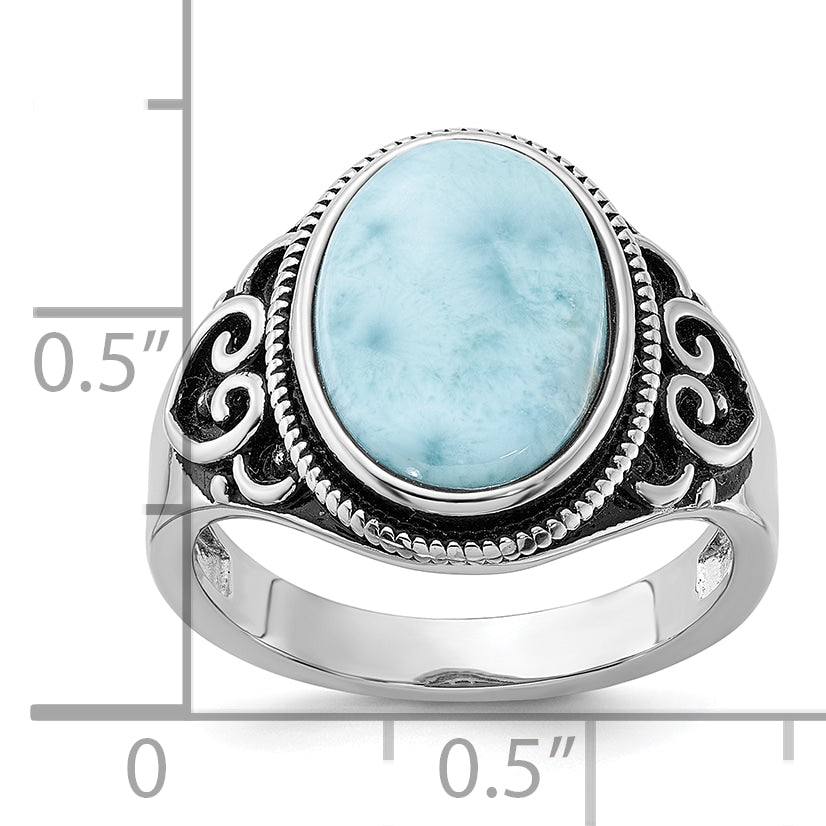 Sterling Silver Rhodium-plated Oxidized with Larimar Ring