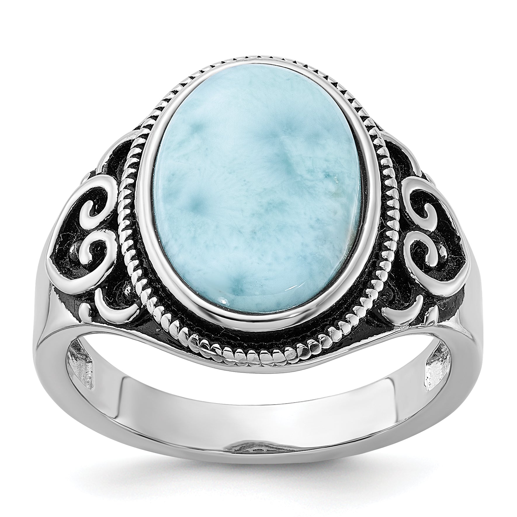 Sterling Silver Rhodium-plated Oxidized with Larimar Ring