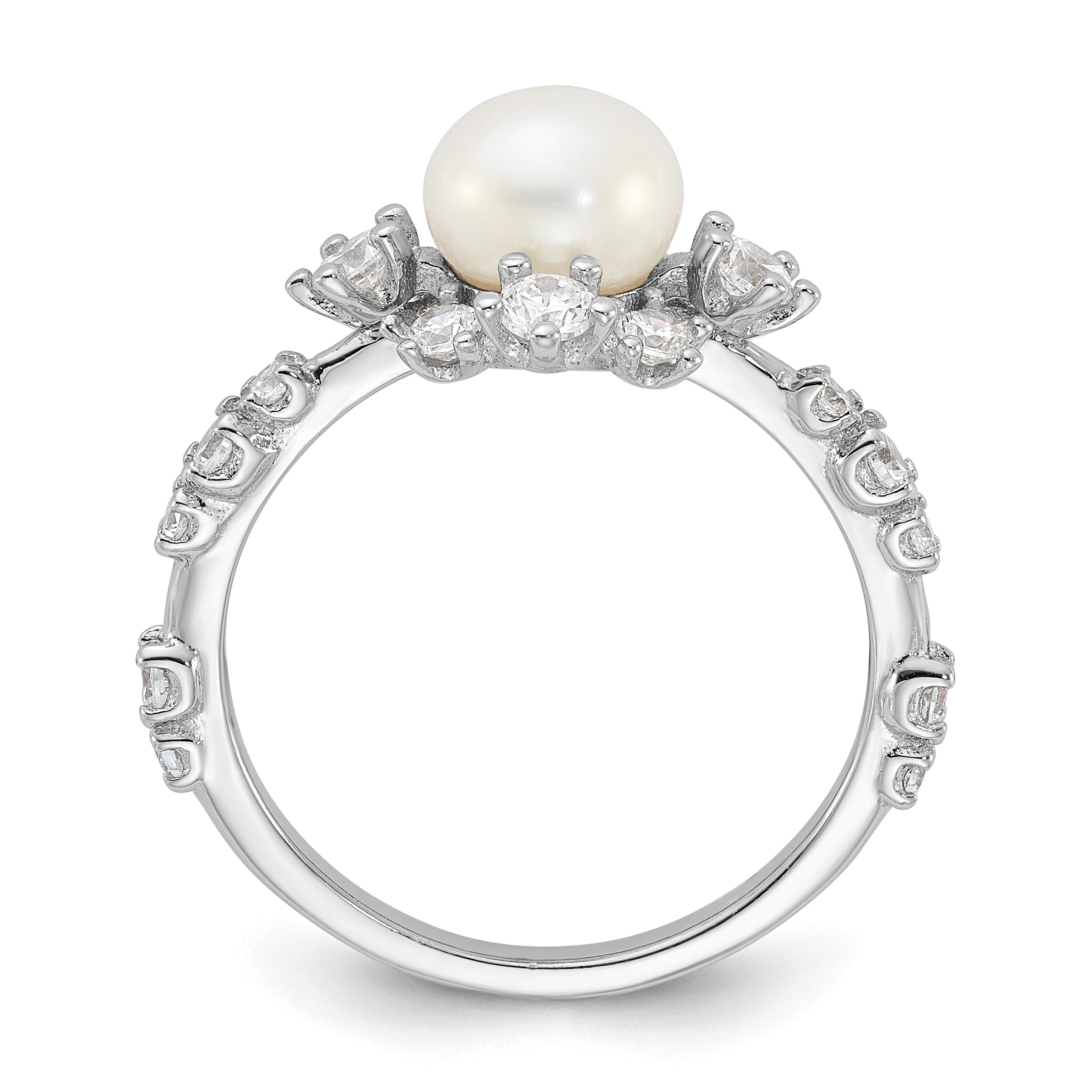 Sterling Silver Rhodium-plated 6-7mm White FWC Pearl and CZ Ring