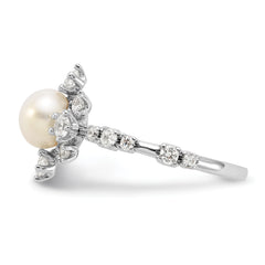 Sterling Silver Rhodium-plated 6-7mm White FWC Pearl and CZ Ring