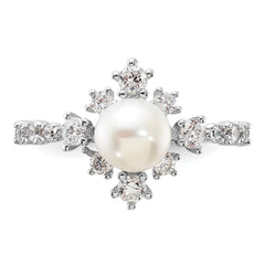 Sterling Silver Rhodium-plated 6-7mm White FWC Pearl and CZ Ring