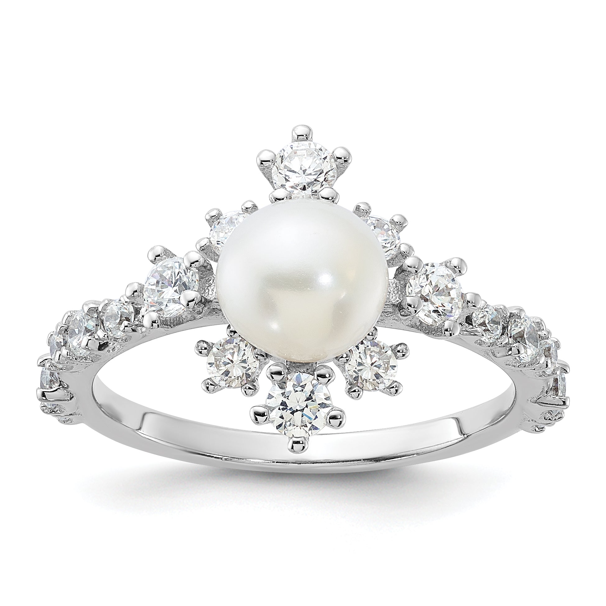 Sterling Silver Rhodium-plated 6-7mm White FWC Pearl and CZ Ring