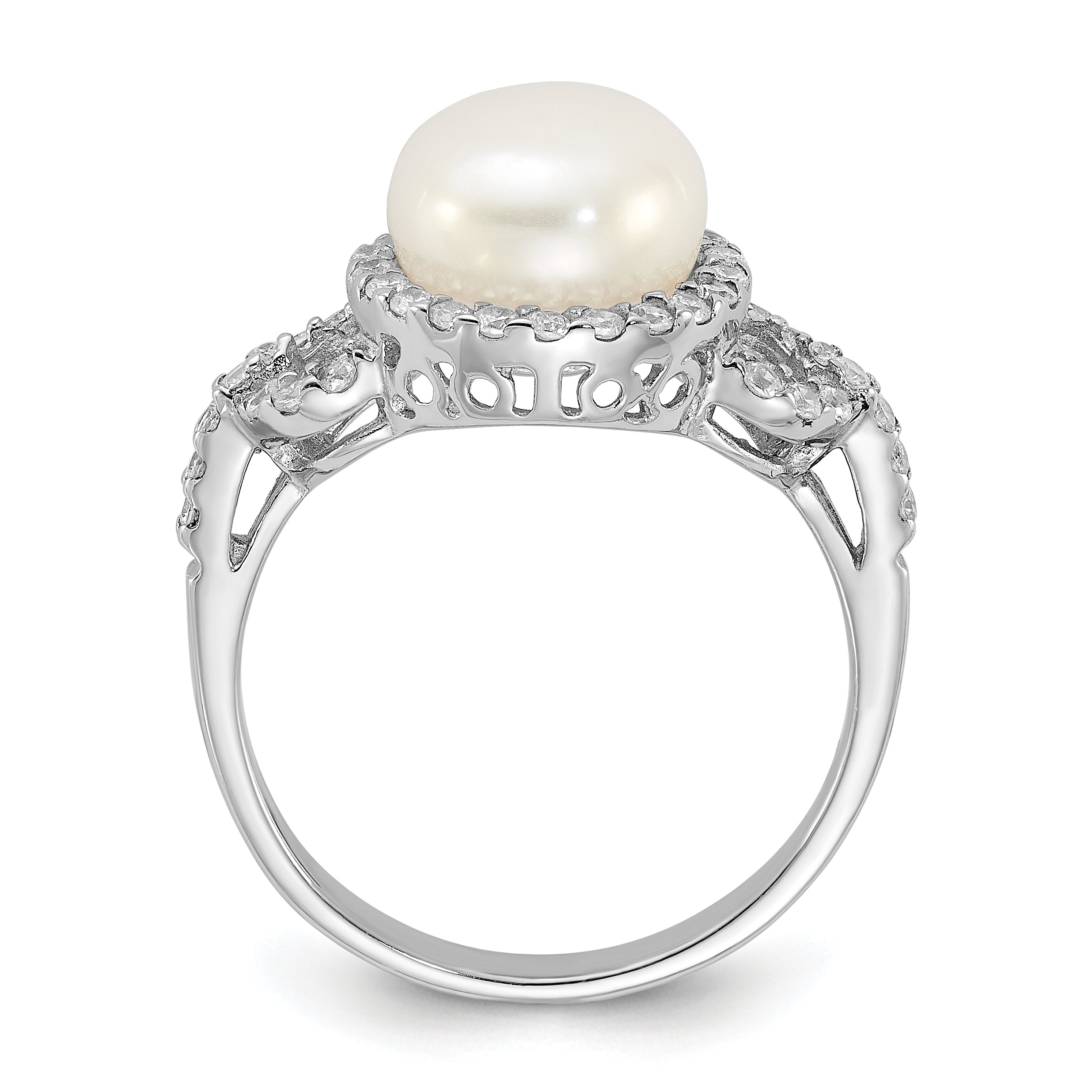 Sterling Silver Rhodium-plated 9-10mm White FWC Pearl and CZ Ring