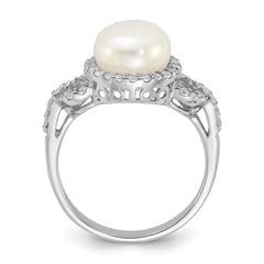 Sterling Silver Rhodium-plated 9-10mm White FWC Pearl and CZ Ring