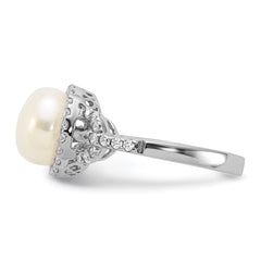 Sterling Silver Rhodium-plated 9-10mm White FWC Pearl and CZ Ring