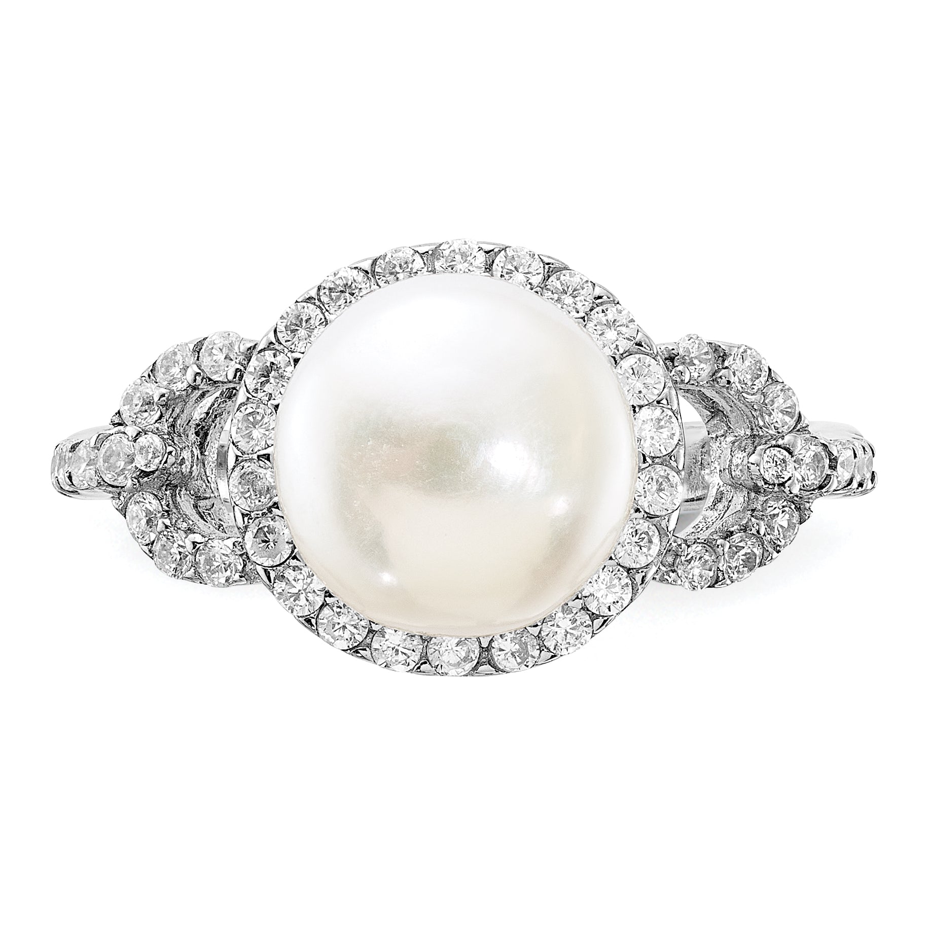 Sterling Silver Rhodium-plated 9-10mm White FWC Pearl and CZ Ring